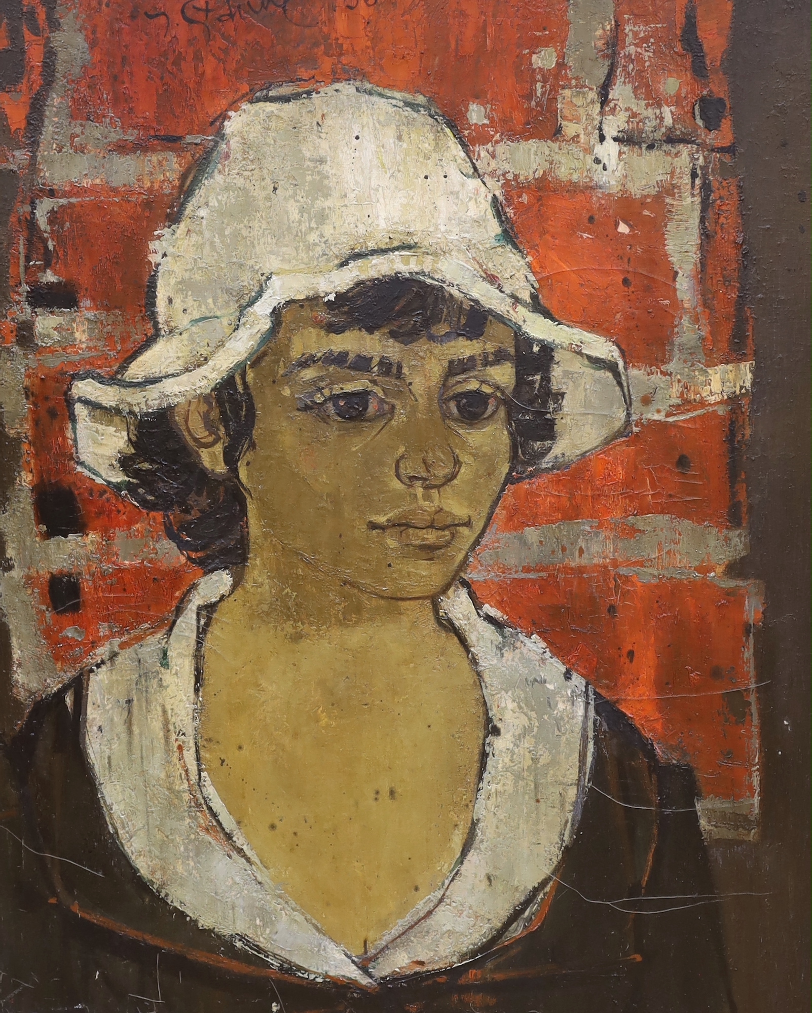 Yves Jean Félicien Ganne (French 1931-2019), oil on canvas, 'Portrait aux Chapeaux Blanc, 1956', signed and inscribed verso, with Arthur Tooth label,l 71 x 59cm